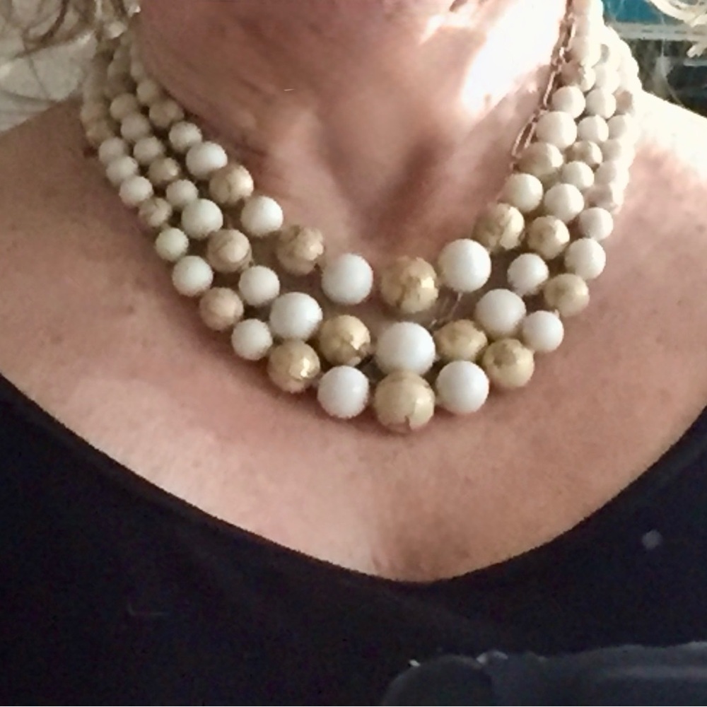 Vintage White and Gold Ceramic Bead Three-strand Necklace